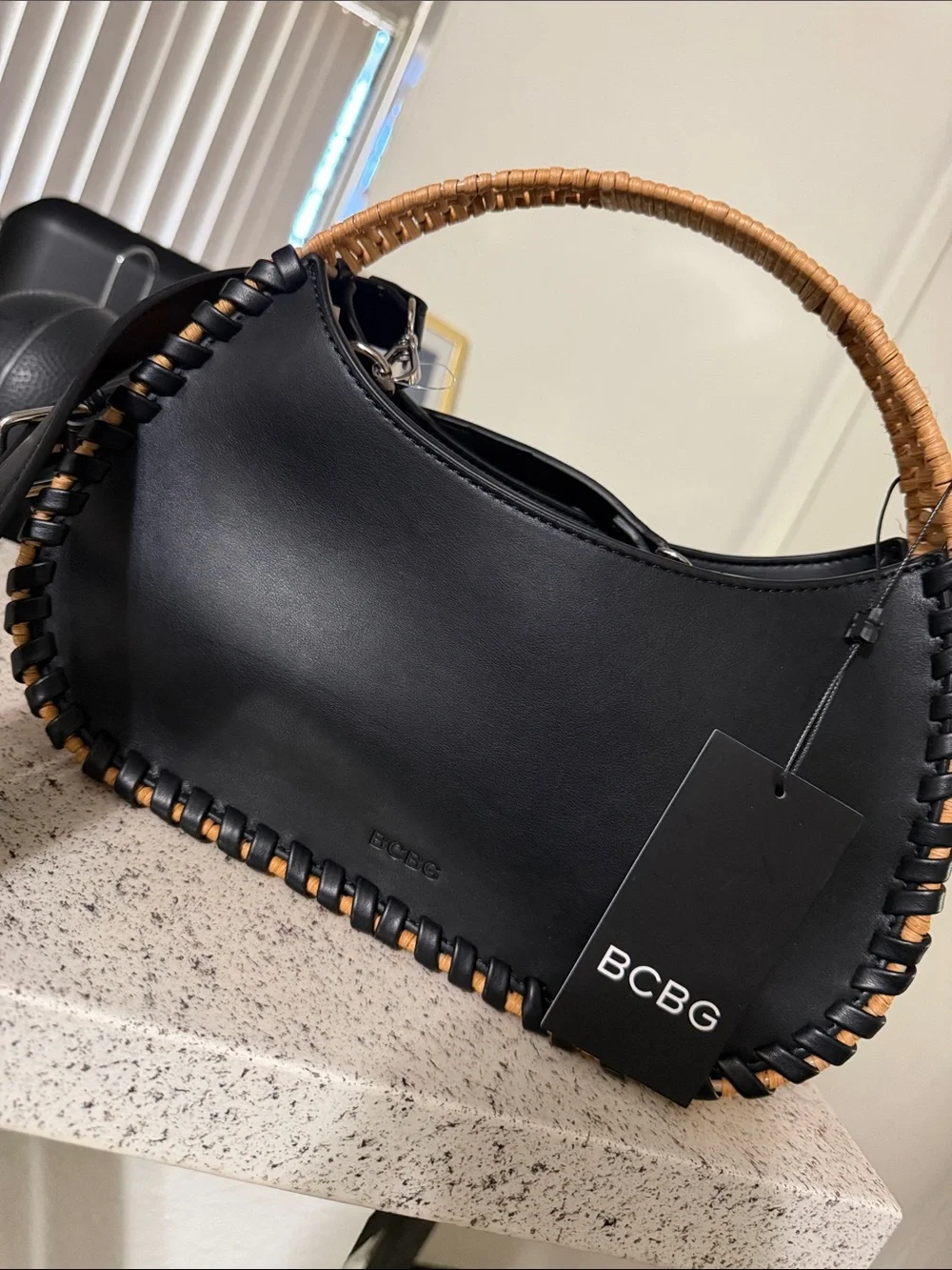 BCBG Black Hobo Bag with Tan Woven Handle